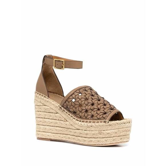 NEW TORY BURCH basketweave calfskin wedge espadrille sandal in almond flour - Picture 3 of 4